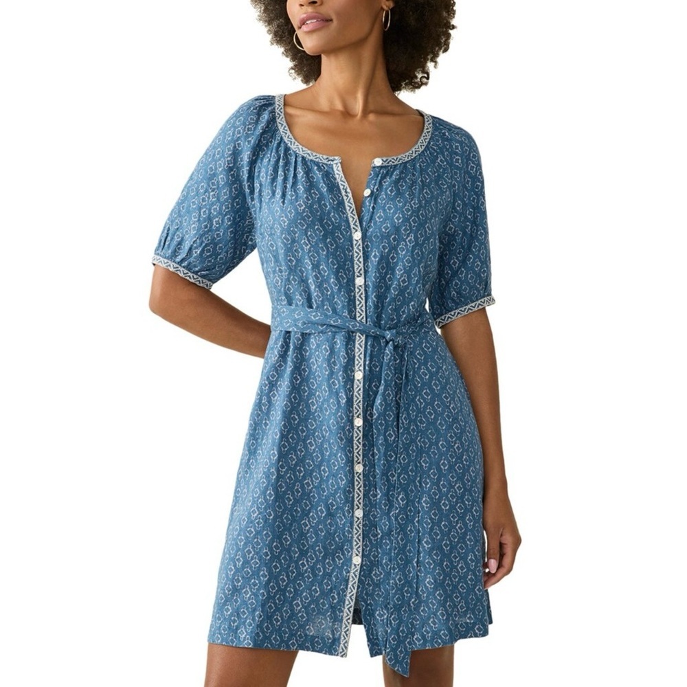 Faherty Carmel Linen Dress Key Largo Blue Size Small Short Sleeve Mini NWT